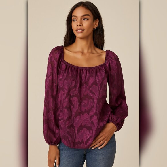 A407 • Plum Textured Floral Blouse with Sheer Long Sleeves – Square Neck - Picture 1 of 4
